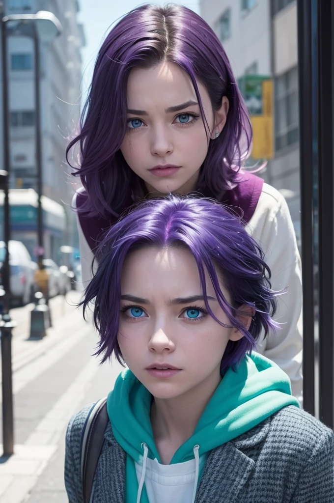 I want a photo of an emotion from the film fun-mente. I want one with purple hair, your clothes have to be blue, green eyes, its color has to be yellow.