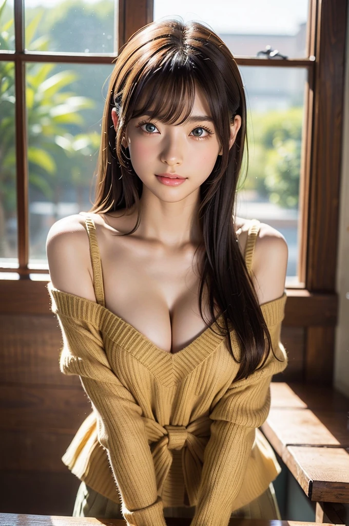 (((Waist up shot)))、(((Straight hair with brown bangs)))、(((Bright interior background with wooden framed glass windows.)))、(((Lemon chiffon off-shoulder sweater、Cleavage is not visible)))、very cute、Half Japan, Half Korean、18-year-old girl、Smooth Skin、Light eye makeup、Shiny, Ultra-realistic faces、Subtle lighting effects、 Ultra-Realistic Capture、Very detailed、High resolution 16k、Skin texture must be natural、skin is healthy、Even Tone、Use natural light and color、worn out, High quality photos taken by modeling agencies、Beautiful breasts、Beautiful nipples、(Nude Model)