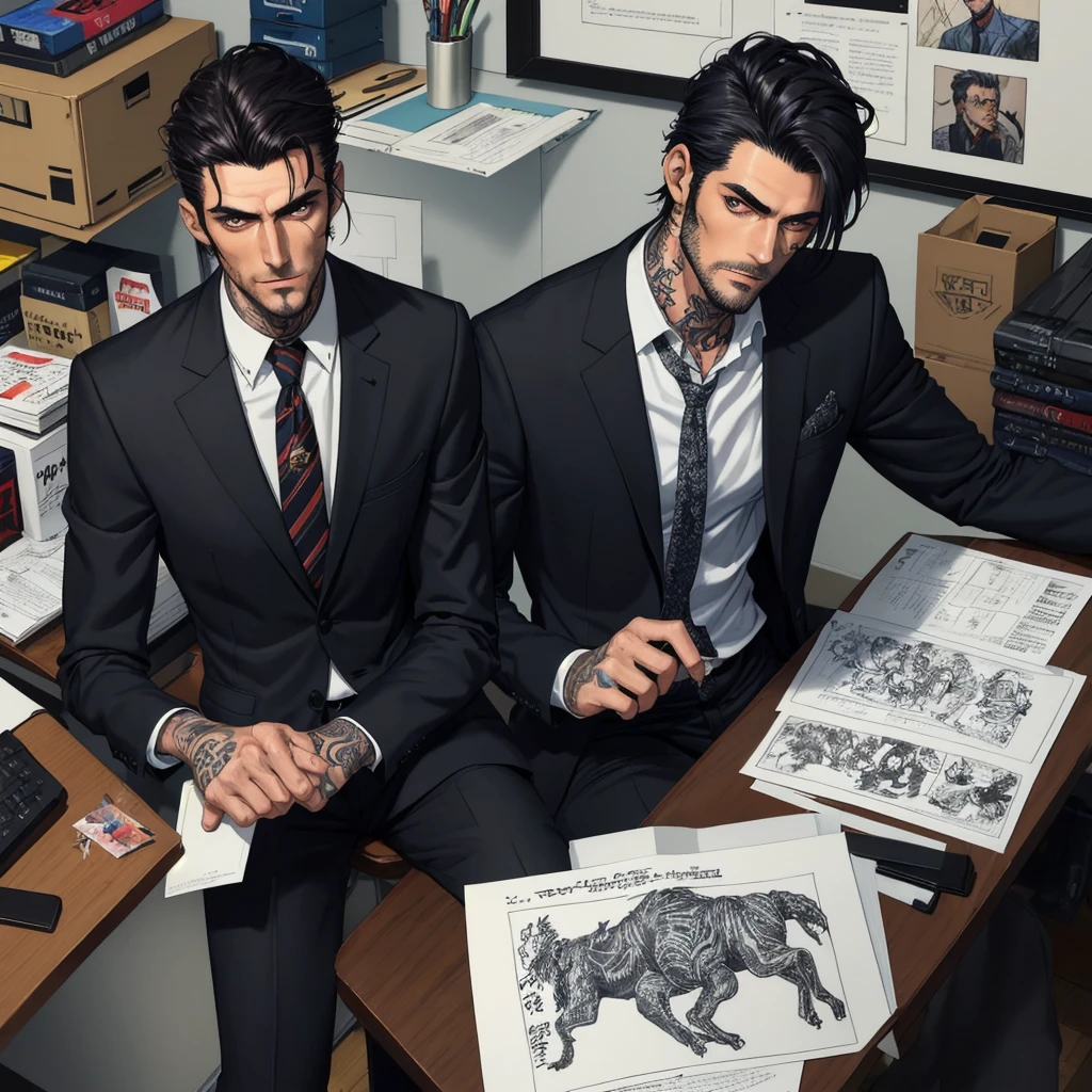 Tall dark and handsome, tattoos, model looking, male, chiseled features, 2D, hand drawn, manga style, rugged, smoking, in office, wearing suit, in his 20s, comic realism, oil painting, color pencil drawn