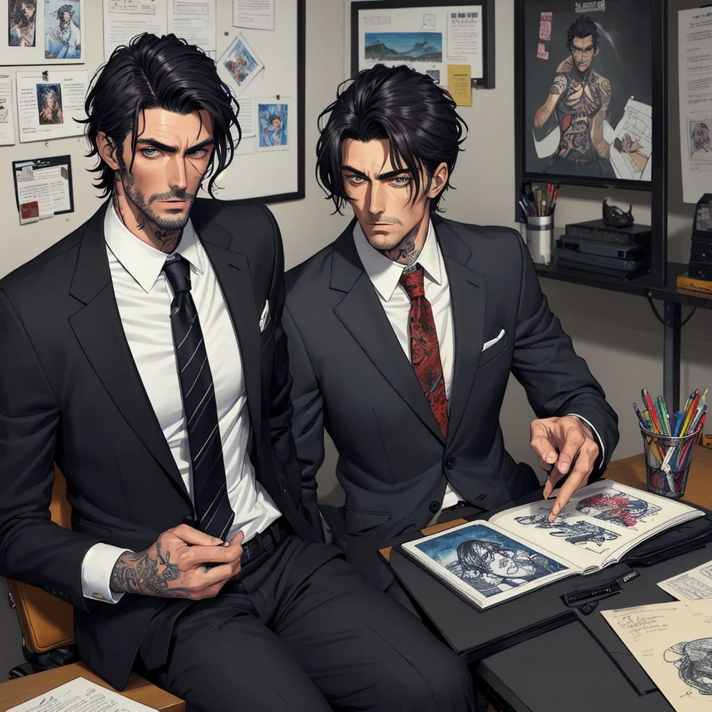 Tall dark and handsome, tattoos, model looking, male, chiseled features, 2D, hand drawn, manga style, rugged, smoking, in office, wearing suit, in his 20s, comic realism, oil painting, color pencil drawn