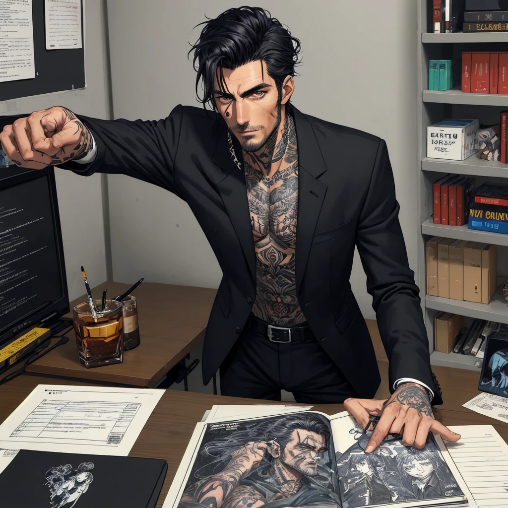 Tall dark and handsome, tattoos, model looking, male, chiseled features, 2D, hand drawn, manga style, rugged, smoking, in office, wearing suit, in his 20s, comic realism, oil painting, color pencil drawn