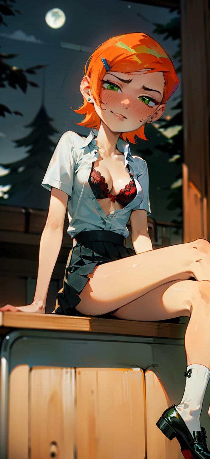 (Masterpiece), Best Quality, ultra-detailed, 1girl (Gwendolyn_Tennyson, lovely small breasts, orange hair, short hair, green eyes, half-closed eyes),evil face, mascara, full makeup, red eyeshadow, red lipstick, smirk , parted lips, nose blush, blush, facing viewer, looking at viewer, solo,white  shirts, cleavage, 
red lace bra , pleats skirt(black pattern),pink skirt, ultra mini skirt, red lace panties,loose socks, in the classroom, night time, , sitting,  sitting on desk, spread legs, come-on, lure,, Sexy waist teasing,  , Full-body , from_below 