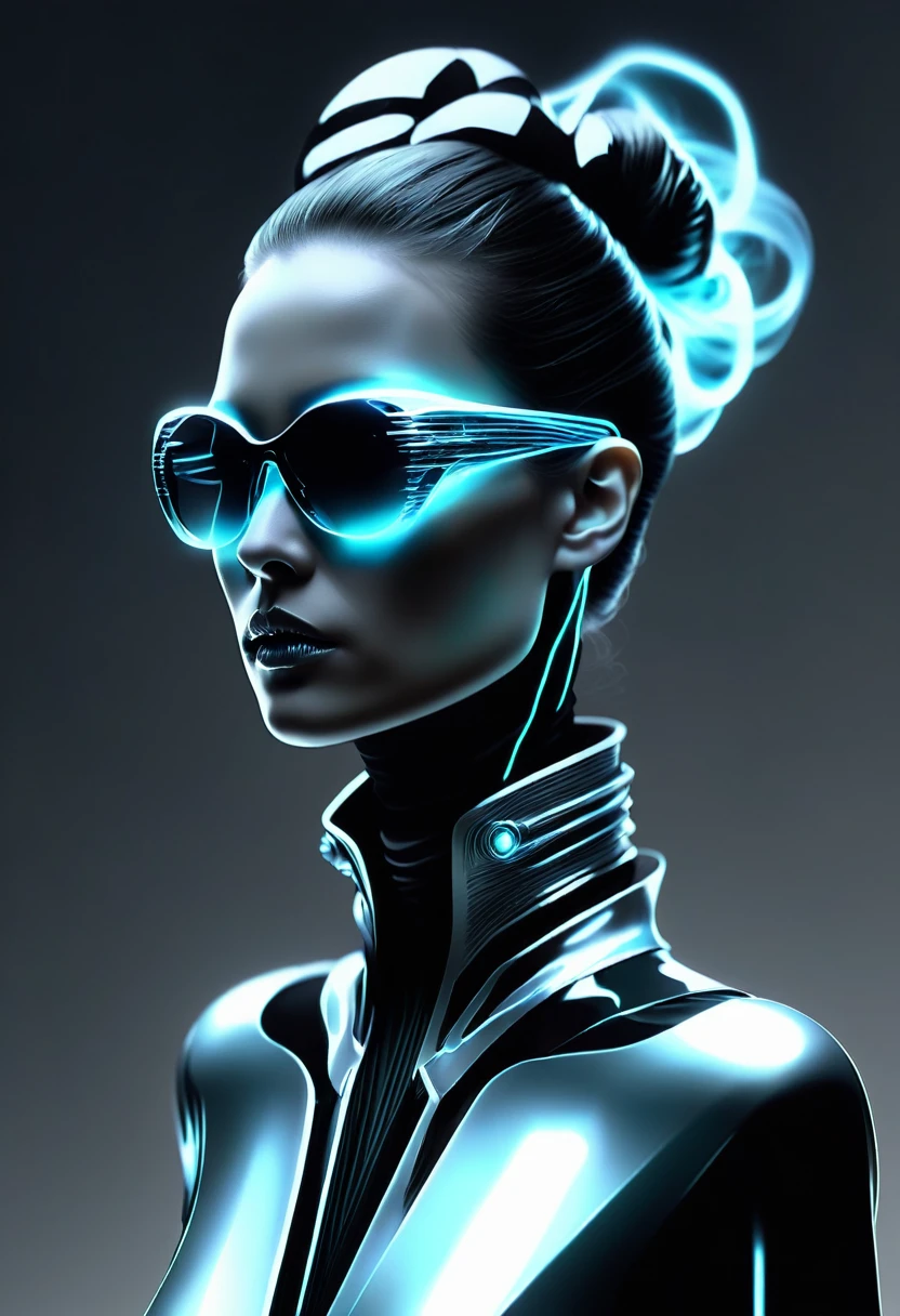 Shadowy a woman with a loose bun, clad in bioluminescent translucent attire nearly invisible under the glow of her radiance, her sunglasses a stark against her ethereal aura, emerging, light black and gray, gesture driven, ghosting effect, airbrush art--ar 71:128 --stylize 750 --v 6