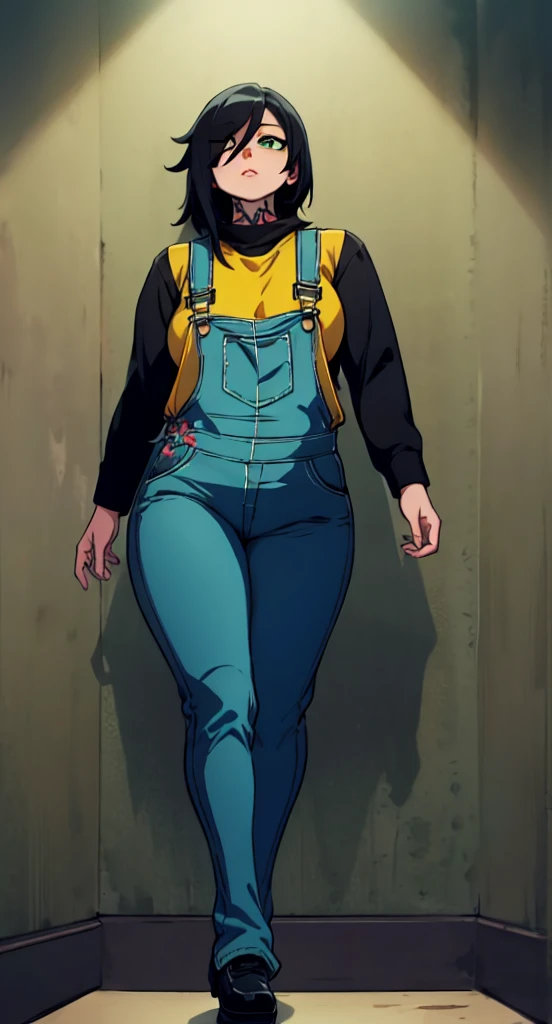 masterpiece, best quality, 1girl, ((young girl)), shiny skin, (thin waist), ((curvy)), ((wide hips)), ((small size)), hot, soft natural lighting, reflections, bright illuminations, full body, (((sexy yellow overalls))), (((tatoo on thigh))) navel, big long black hair, tomoko, sexy, slim figure, Detailed green eyes, Detailed face, Detailed eyes, tomoko kuroki, watamote, bare arms