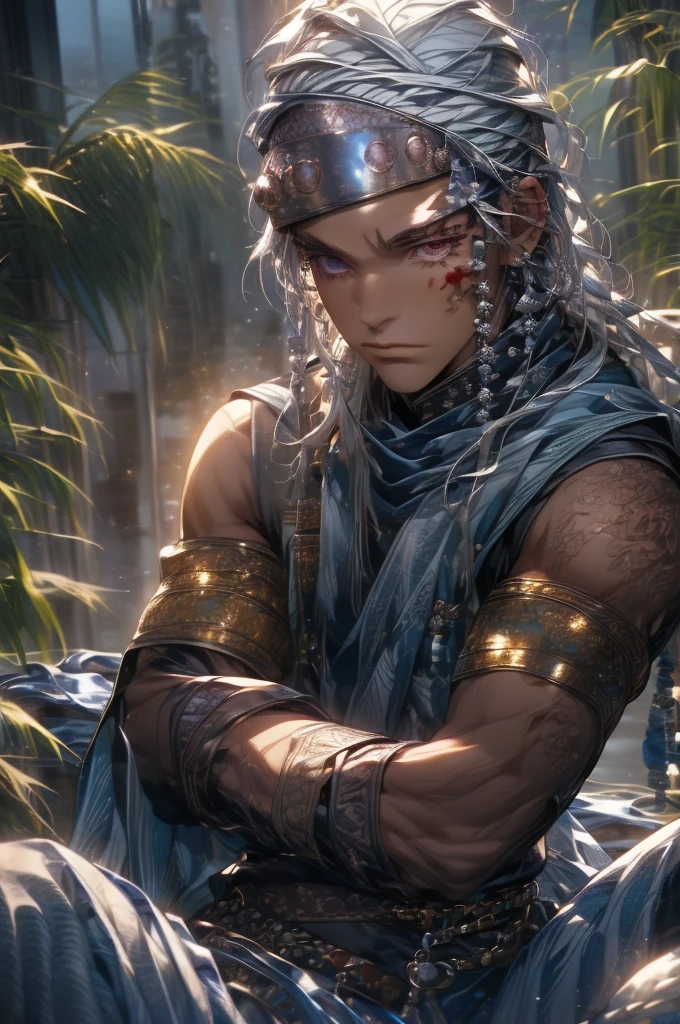 (masterpiece, best quality, extremely detailed CG, beautiful detailed eyes, ultra-detailed, intricate details:1.2), 8k wallpaper, elaborate features, glistening shiny, glowing light, ray tracing, HDR, deph of field, (perfect face), HD, perfect lighting, ((beautiful detailed eyelashes)), ((cowboy shot, looking at viewer: 1.5)), indoors, sky, solo:1.5, ((sitting)), window, plants, TengenUsuiKNY, 1boy, armband, bandages, over shoulder, red eyes, black pants, tabi, white hair, bare shoylders, armlet, sleeveless, facial mark, gloves, scar, fingerless gloves, belt, headband, muscular male, big man,