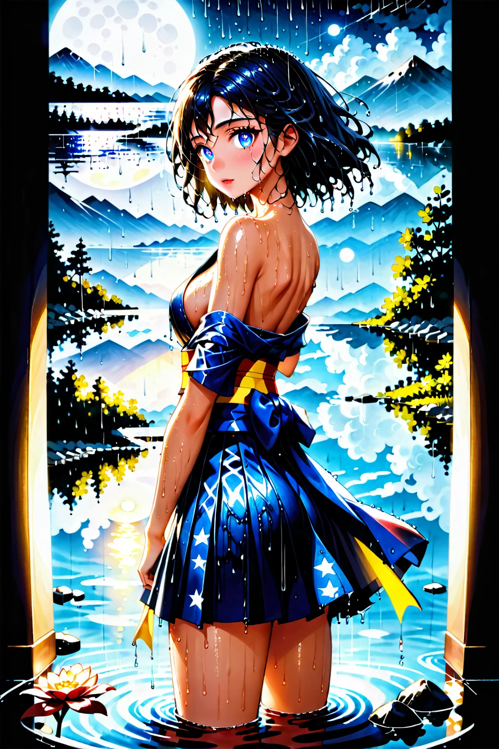 1girl, Wonder Woman, skirt, golden details, moon, flashlight, night, solo, wet, wading, water, flower, outdoor, sky, full moon, rain, black hair, off shoulder, mountain, cloud, holding, girdle, bare shoulders, paper flashlight, standing, night sky, sideboob, obi, wet clothes, bangs, tree, sideways, reflection, short hair, cloudy sky, wet hair (((masterpiece), (extremely detailed 8k CG wallpaper), best quality, solo, 1girl, cinematic lighting, detailed background, beautiful detailed eyes, bright pupils, (an extremely delicate and beautiful), (beautiful and detailed eye description), ultra detailed, masterpiece,)),