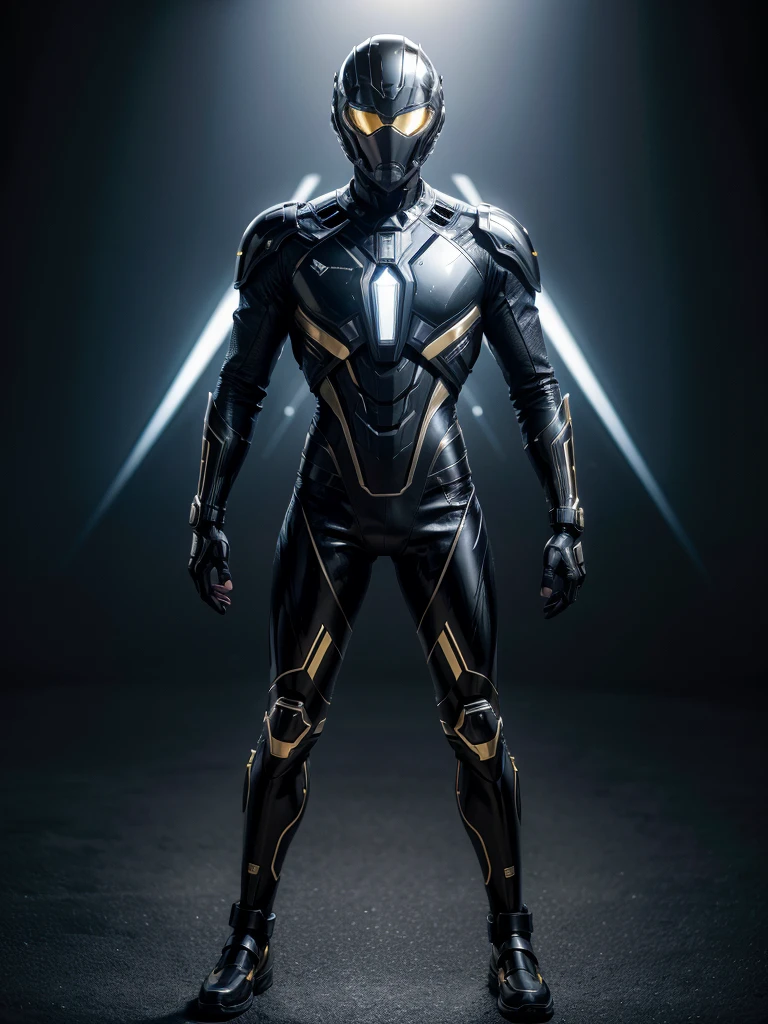 Super advanced technological metallic suit, futurist, ultra detailed 4k, black with gold lines, diseño futurist, full body man with helmet