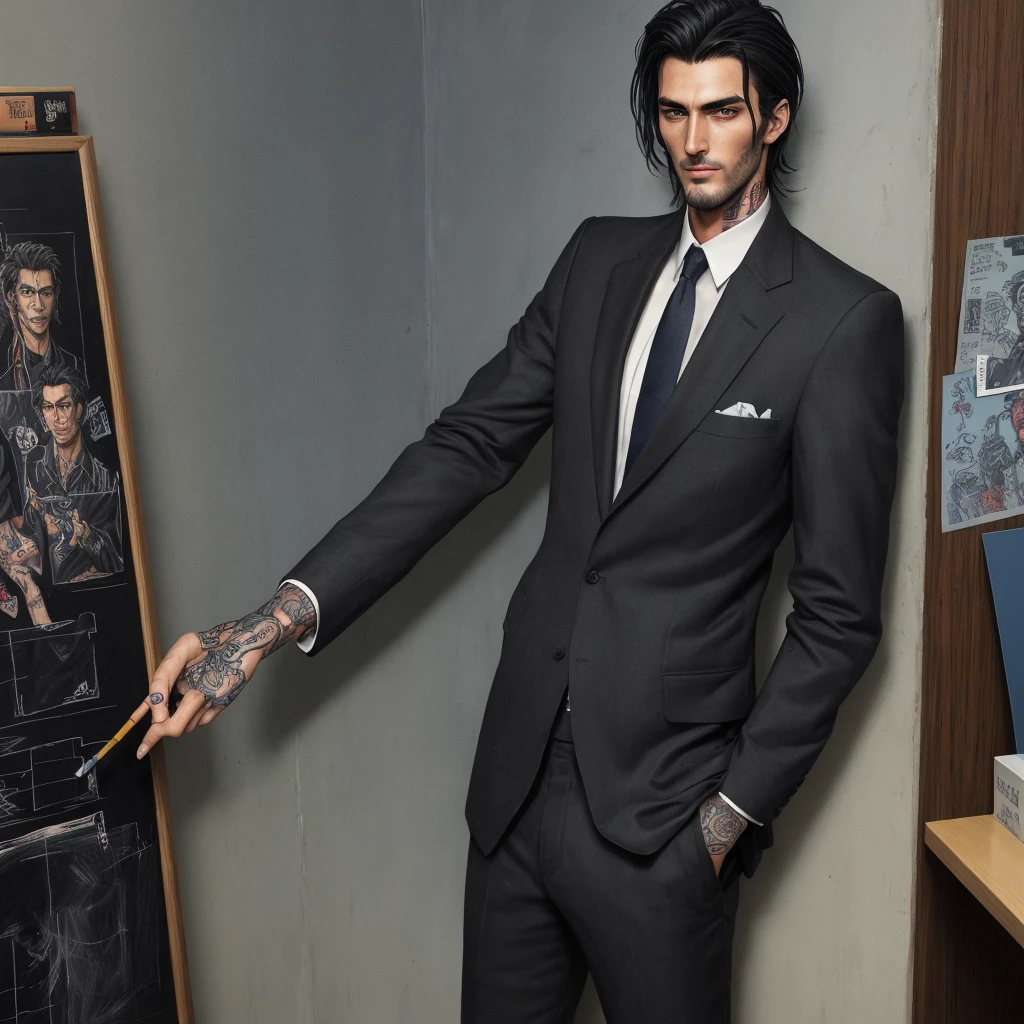 Tall dark and handsome, tattoos, model looking, male, chiseled features, 2D, hand drawn, manga style, rugged, smoking, in office, wearing suit, in his 20s, comic realism, oil painting, color pencil drawn