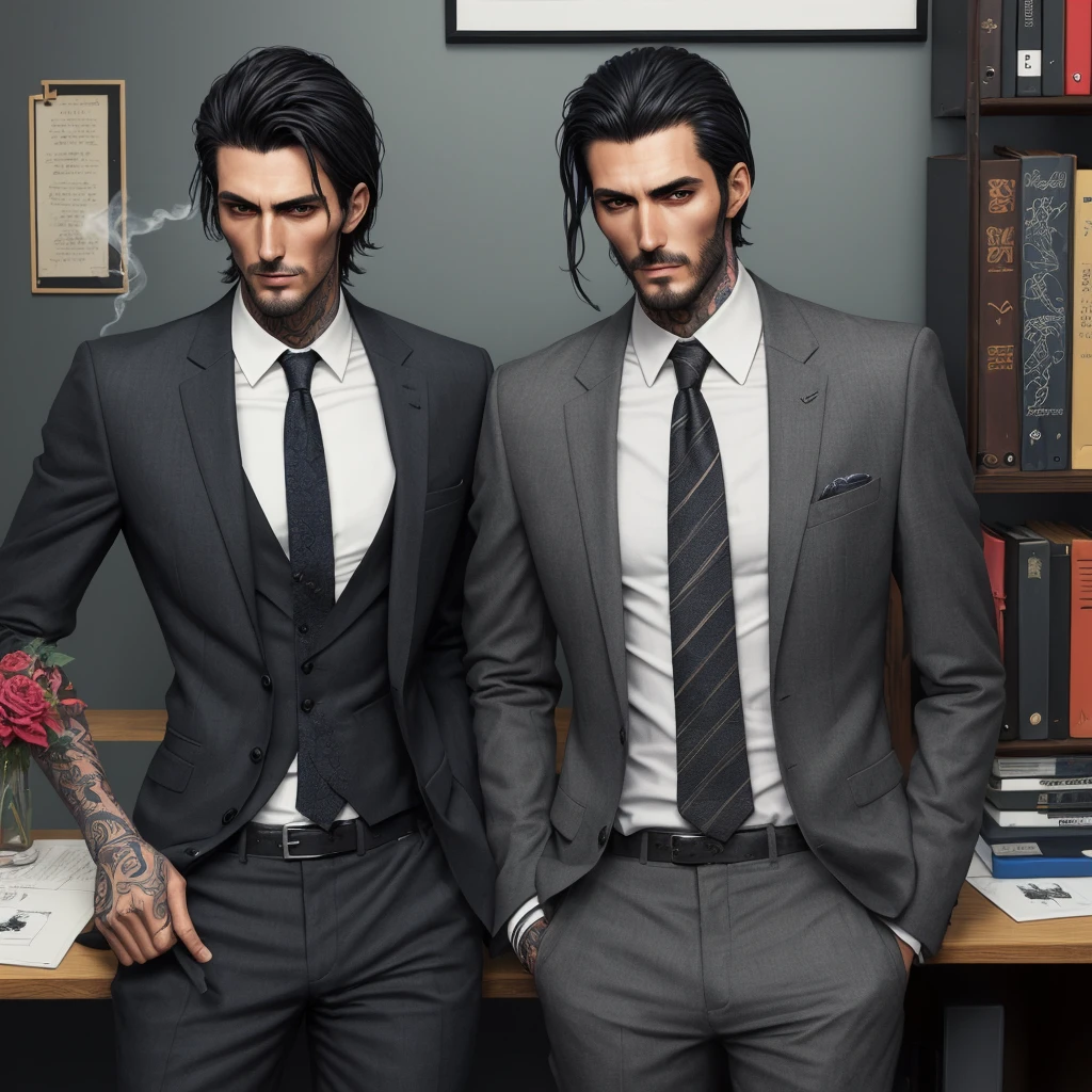 Tall dark and handsome, tattoos, model looking, male, chiseled features, 2D, hand drawn, manga style, rugged, smoking, in office, wearing suit, in his 20s, comic realism, oil painting, color pencil drawn