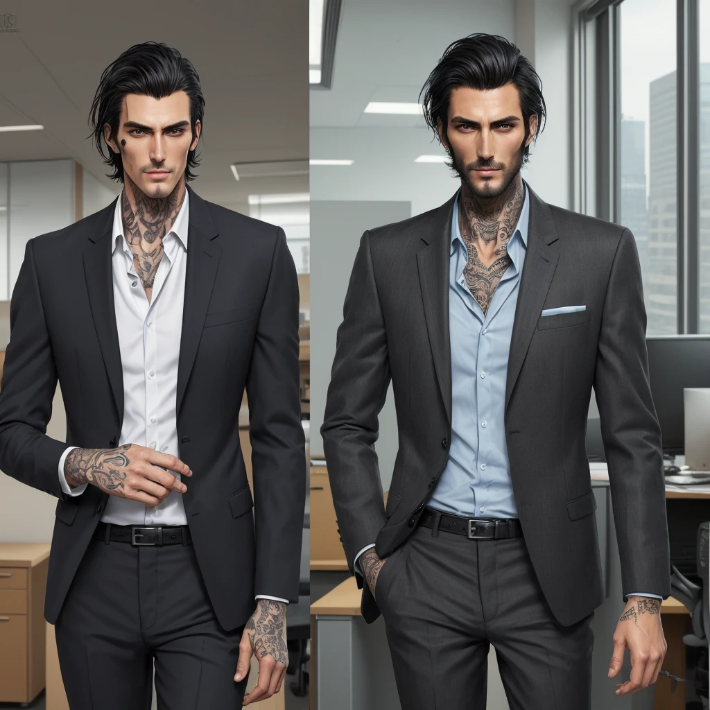 Tall dark and handsome, tattoos, model looking, male, chiseled features, 2D, hand drawn, manga style, rugged, smoking, in office, wearing suit, in his 20s, comic realism, oil painting, color pencil drawn