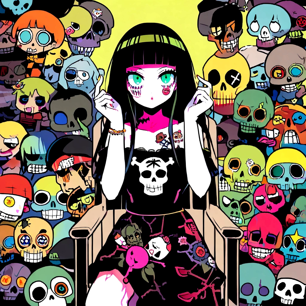 ridicule、Finger prick、Black Hair、Black Feather、Gothic Punk、sit on a chair, cross one's legs、Throne、,anime zombie witch design, crossbones, skulls, street wear design, pro vector, Horror style, full design, 6 colors only, solid colors, no shadows, full design, sticker, bright colors, white background.super fine illustration,(((beautiful fine hair))),(((beautiful fine face))),(((beautiful fine background))),(((beautiful fine hair))),(((beautiful fine face))),(((beautiful fine background))),Midsummer、beachBlack Hair、blunt bangs、Cross-eyed