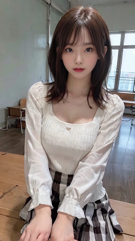top-quality、hight resolution、ultra-detailliert、masterpiece、Raw photography、realisitic、Photorealsitic、extremely delicate and beautiful、finely detail、Textured skin、full-shot、(in college school classroom)、1woman and 1man、japanese、18year old、(((wearing white blouse and plaid long skirt),detailed bra showing,、((rib knit blouse)),tall,Brown hair、wavy hair,short hair,Wearing makeup,、Do not wear anything on your arm、perfectly proportions,spreading her legs,focus her panties,(((sexual position missionary))),(((lying down on the desk))),ponytail,dynamic angle,vaginal sex,((having sex)),upclothes and bare breast,(((missionary pov))),handjob,penis,splashing with semen(((sexual handjob)))