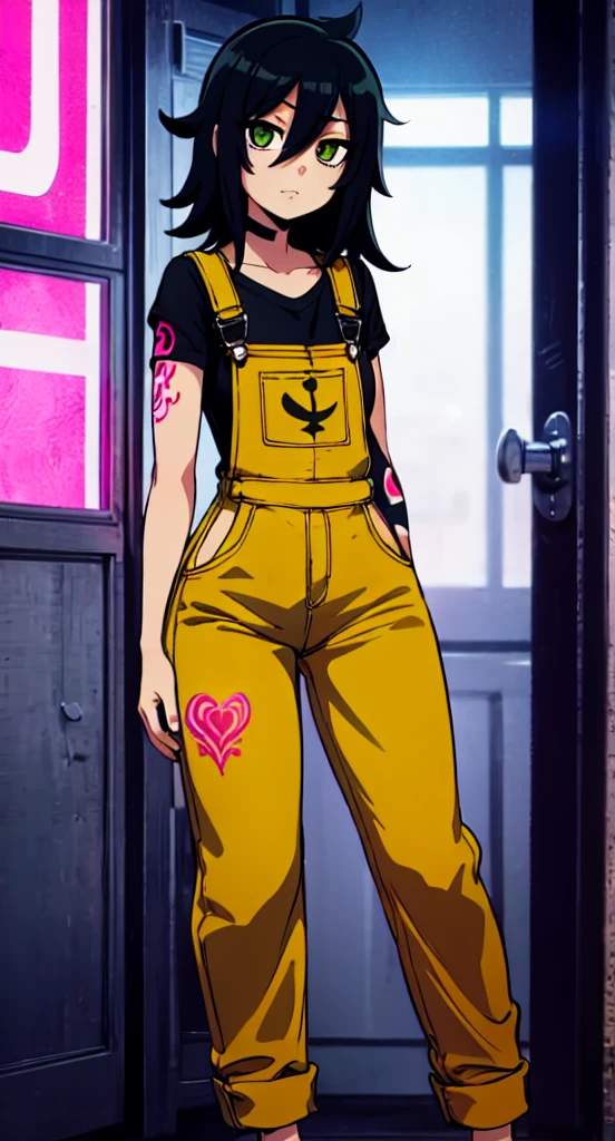 masterpiece, best quality, 1girl, ((young girl)), shiny skin, (thin waist), ((curvy)), ((wide hips)), ((small size)), hot, soft natural lighting, reflections, bright illuminations, full body, (((sexy yellow overalls))), (((tatoo on thigh))) navel, big long black hair, tomoko, sexy, slim figure, Detailed green eyes, Detailed face, Detailed eyes, tomoko kuroki, watamote, bare arms
