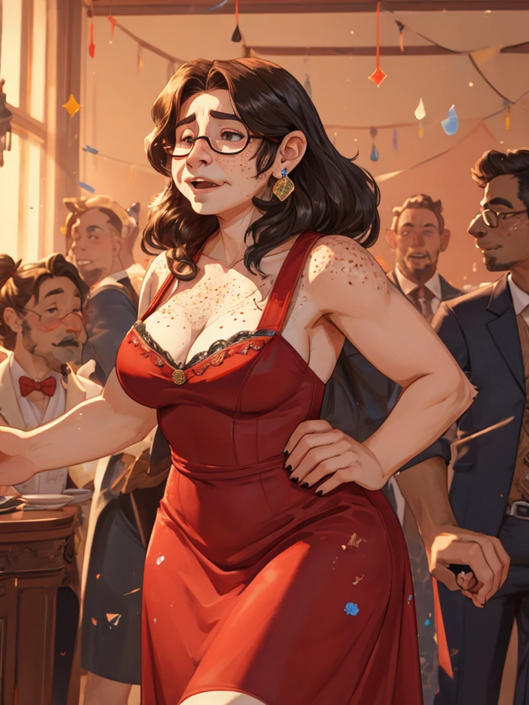(ugly face female) , (Freckles on face:0.9) , Ugly expression , shy geek , perfect beautiful body , Voluptuous luxury party dress , clothed erotica , Chest protrusion , Awkward dancing , Itchy groin