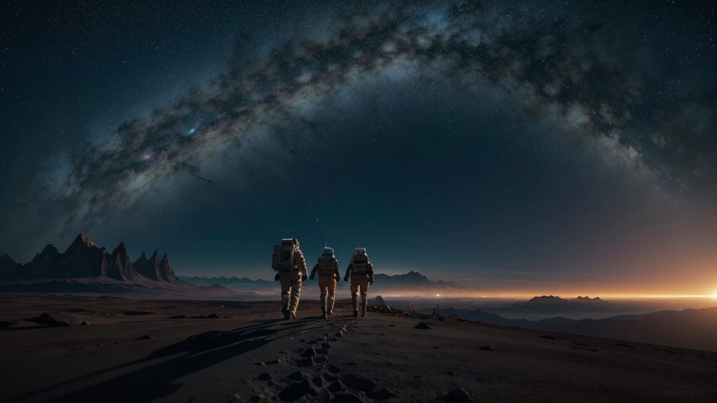 Astronauts walking on an unknown planet, with alien landscapes and glowing mountains beneath a sky full of stars and nebulae. The image needs to be very realistic and in high resolution.