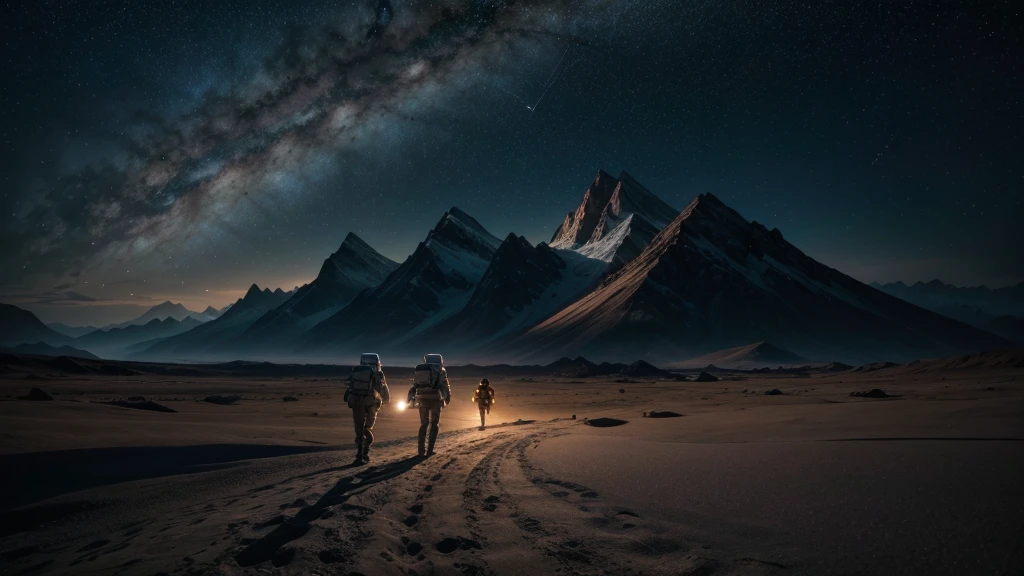 Astronauts walking on an unknown planet, with alien landscapes and glowing mountains beneath a sky full of stars and nebulae. The image needs to be very realistic and in high resolution.