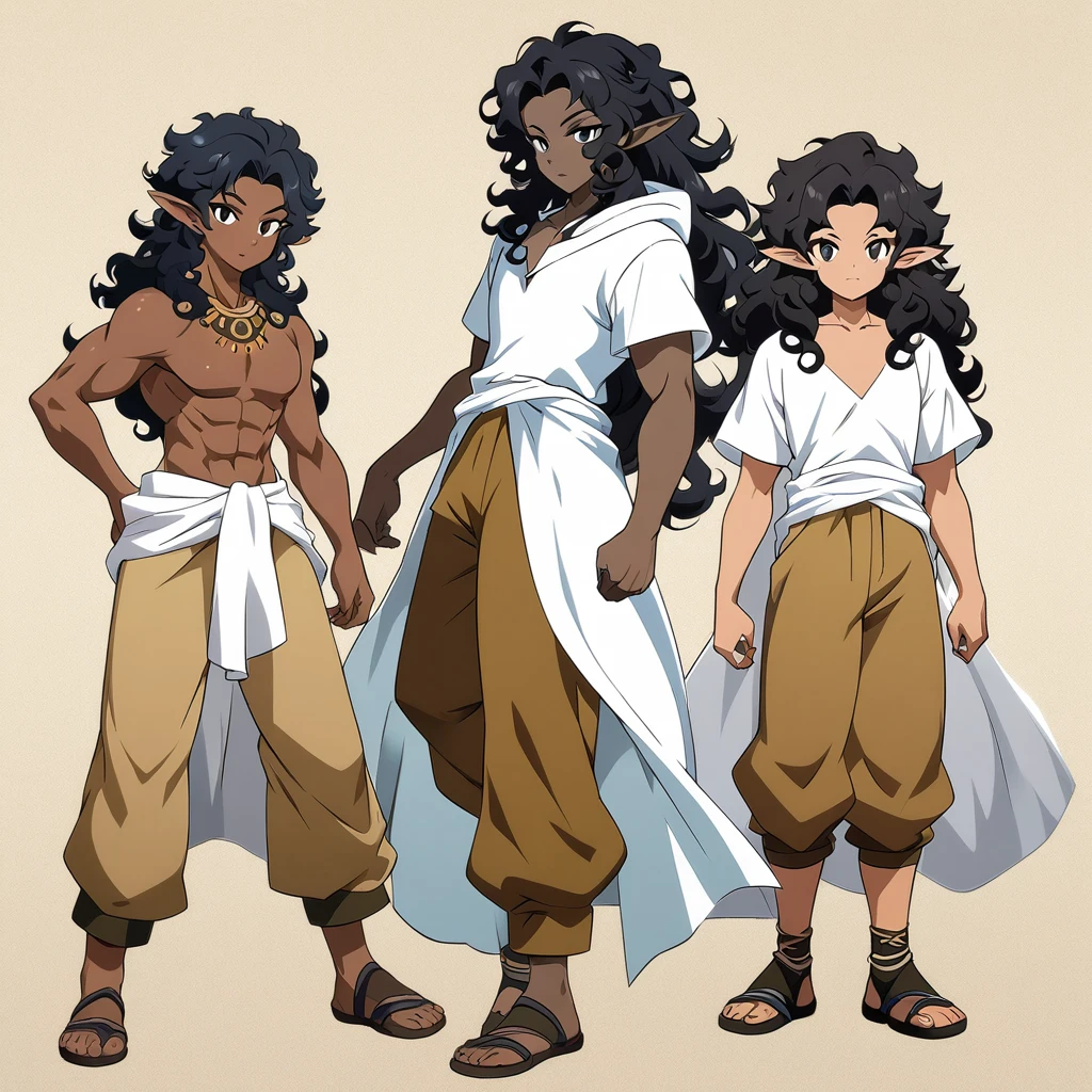 anime art style, dark elf, African skin, black hair, Curly hair, long hair, black eyes, ((man)), athletic body, Druid clothing (white hood, brown pants, white cloth on waist), full body