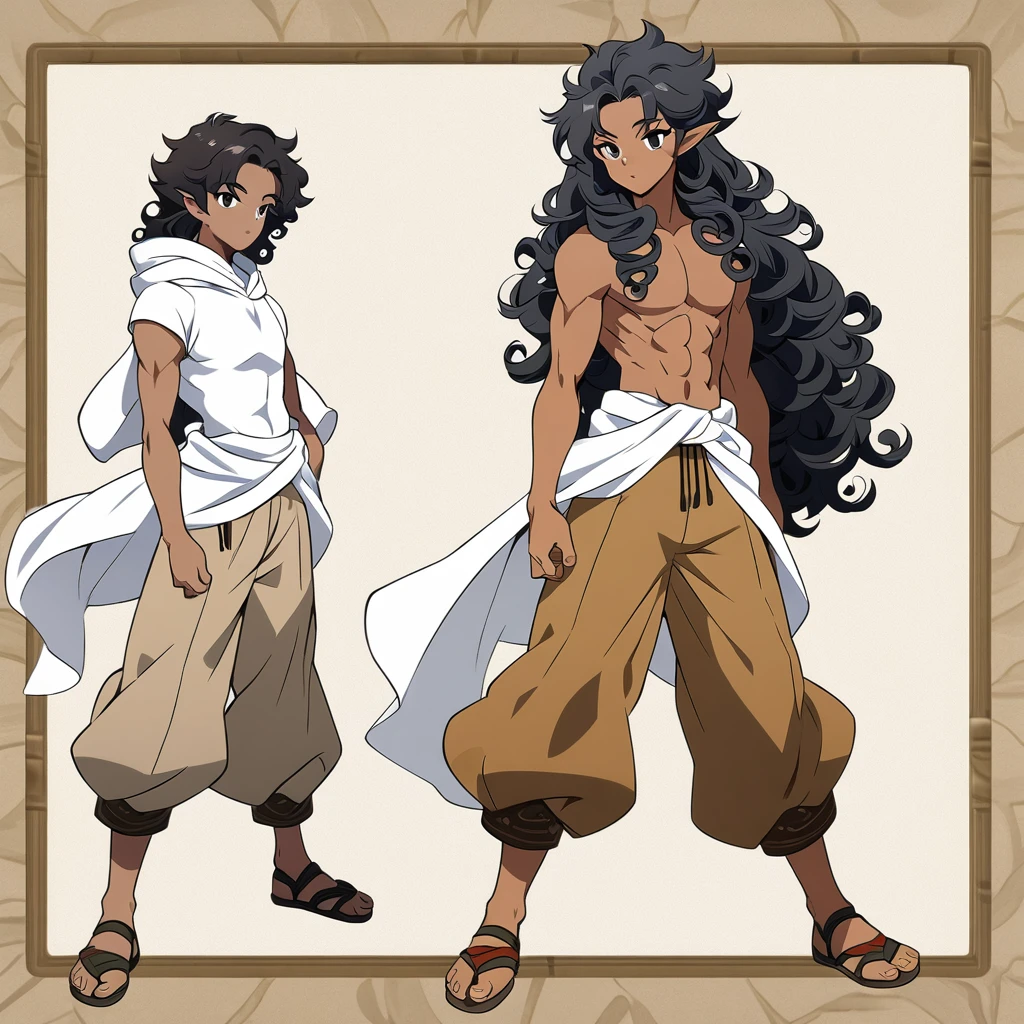 anime art style, dark elf, African skin, black hair, Curly hair, long hair, black eyes, ((man)), athletic body, Druid clothing (white hood, brown pants, white cloth on waist), full body