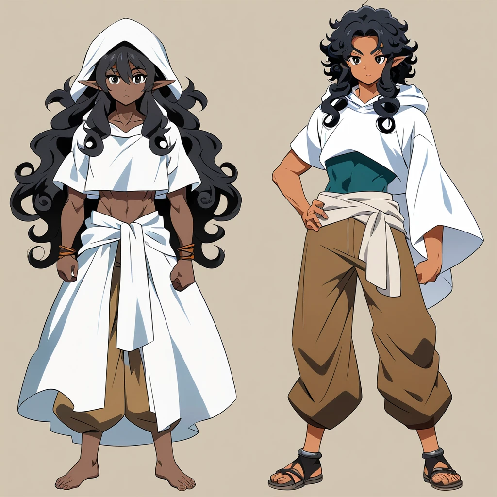 anime art style, dark elf, African skin, black hair, Curly hair, long hair, black eyes, ((man)), athletic body, Druid clothing (white hood, brown pants, white cloth on waist), full body
