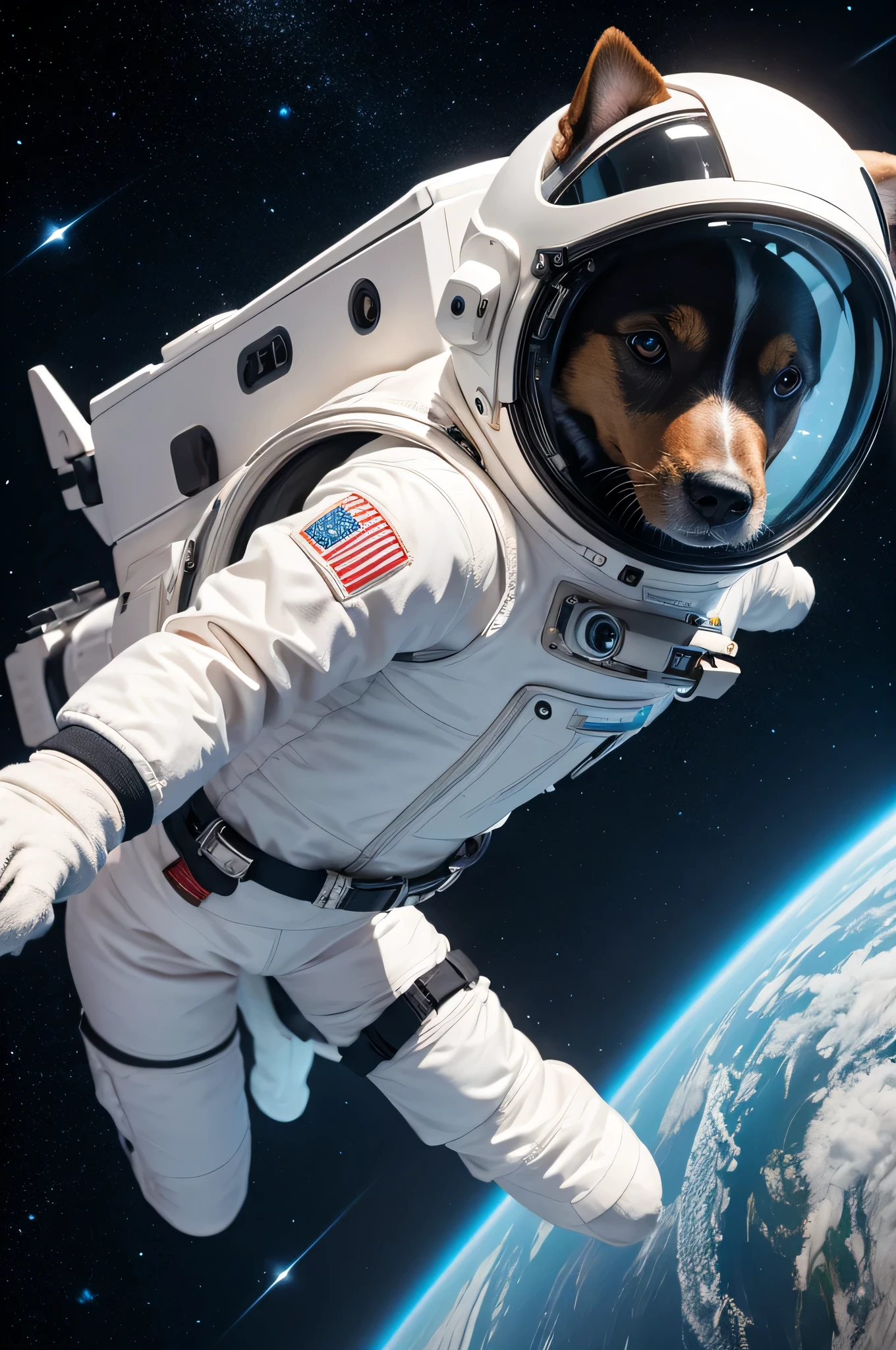 Futuristic dog in astronaut suit traveling through the universe