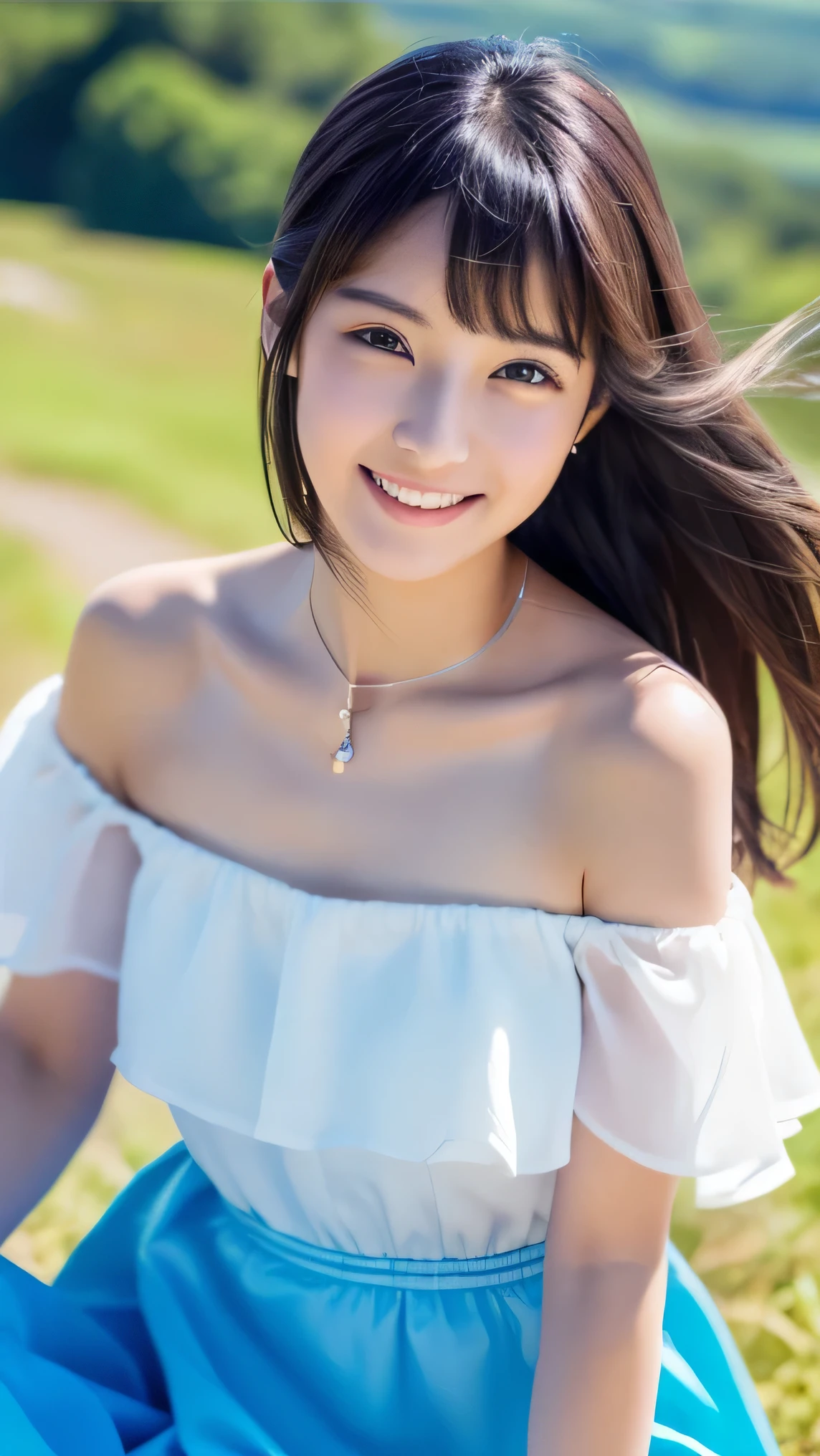 ((Highest quality, 32k, High resolution, masterpiece:1.5, ), A warm and happy landscape, very cute and beautiful japanese girl, 13 years old, (Happy), Shiny black hair, Super long smooth hair, Beautiful Bangs, Hair between the eyes, Beautiful eyes like jewels, Obviously double, A kind smile, (White Silk Dress), Off the shoulder, mini skirt, Detailed and perfect collarbone, High resolution beautiful bust, High resolutionの美しい太もも, Absolute area, Beautiful legs, Sitting, Cowboy Shot, Beautiful countryside, grassland, Top of the Hill, Colorful small flowers, Soft sunlight, Blown by the wind in my fluttering hair, Beautiful and detailed blue sky, Professional Photographer, Professional Lighting, Professional Model