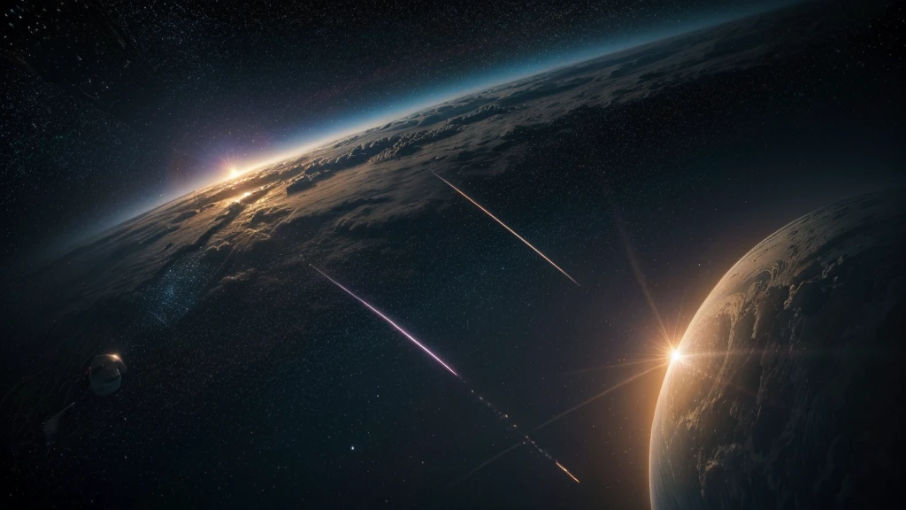 A view from space with a comet whizzing by, leaving a luminous trail, with planets and stars in the background. The image must be very realistic and in high resolution.