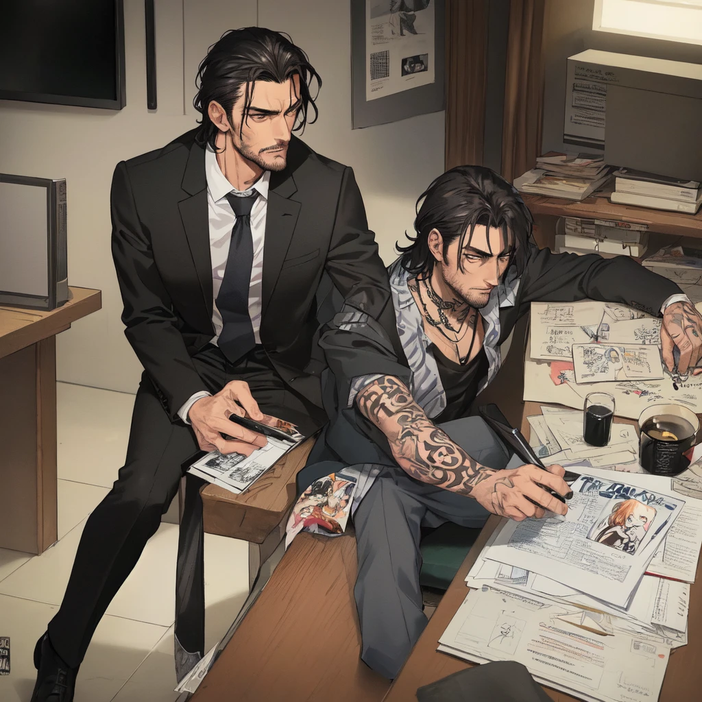 Tall dark and handsome, tattoos, model looking, male, chiseled features, 2D, hand drawn, manga style, rugged, smoking, in office, wearing suit, in his 20s, comic realism, oil painting, color pencil drawn