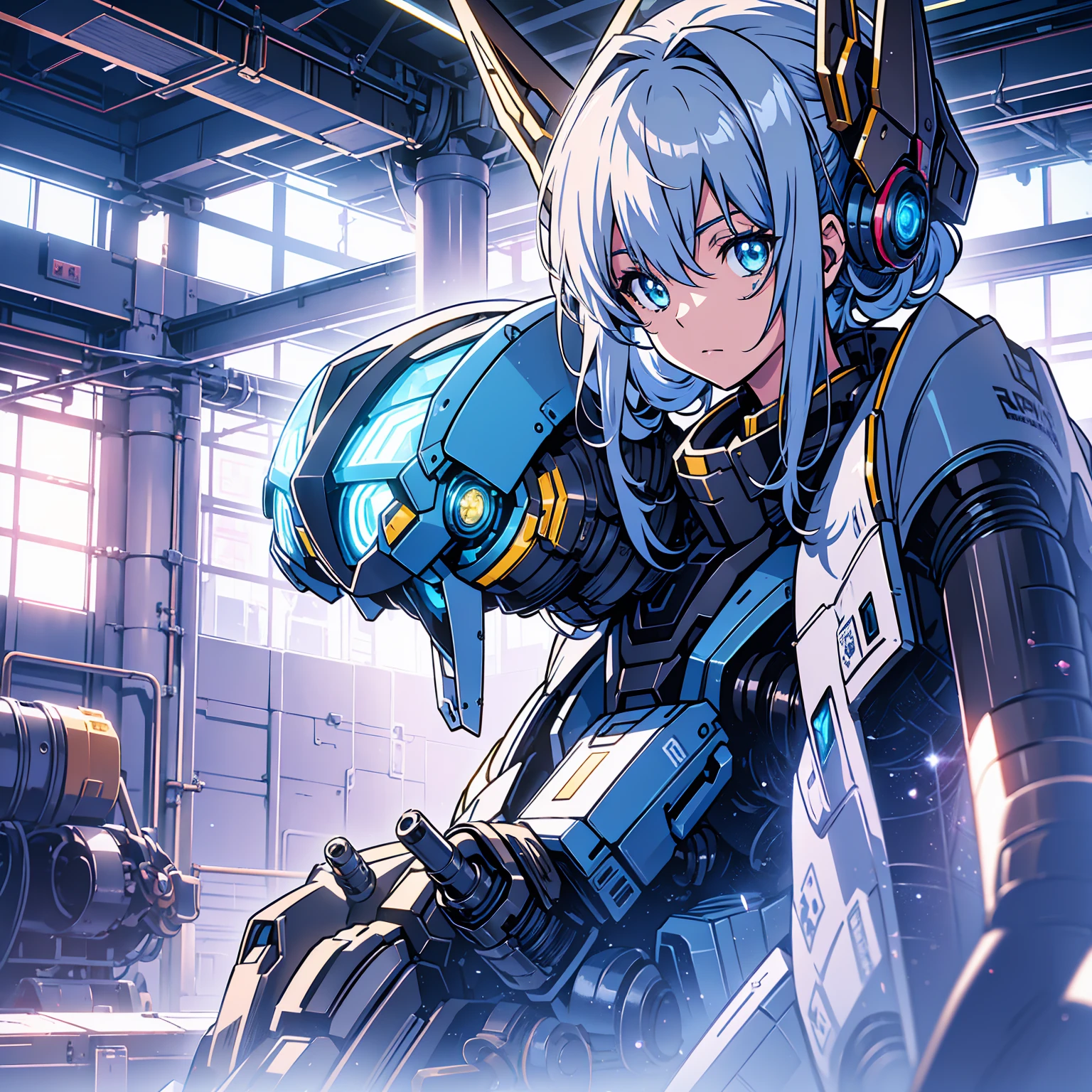 Anime characters, one age anime girl, silvery blue hair, bright blue star-shaped eyes, one Robot, Cape, Luminous Eyes, Rugged, Fantasy, Lights, outdated, old style, dark blue, bronze, Room with window, sitting
