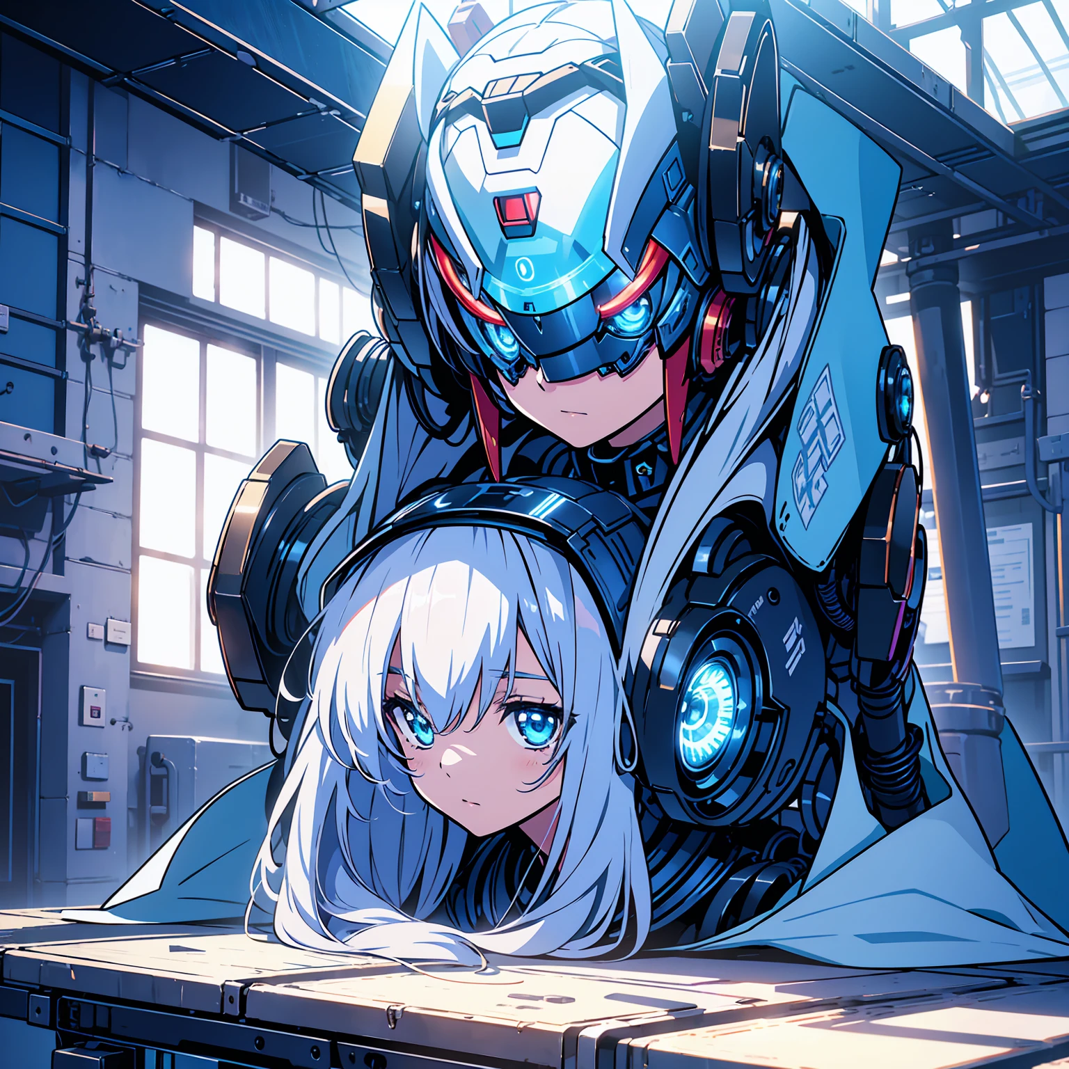 Anime characters, one age anime girl, silvery blue hair, bright blue star-shaped eyes, one Robot, Cape, Luminous Eyes, Rugged, Fantasy, Lights, outdated, old style, dark blue, bronze, Room with window, sitting