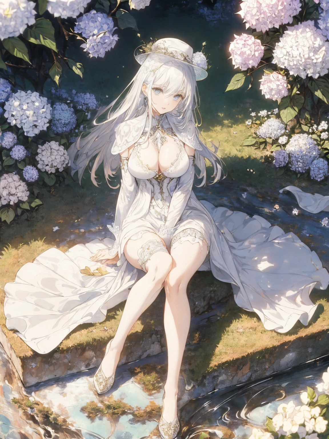 (Landscape photo, with a woman in the bottom right of photo:1.5, in white garden:1.5), Masterpiece, best quality, (very detailed CG unity 8k wallpaper), (best quality), High definition RAW color art, Animation,sculptures, (sexy Marble Skin), (((Ultra detailed elegant))), Magical atmosphere, Detailed skin, Texture,(Intricately detailed, Fine detail, ultra-detail art), depth of fields, bokeh, Silky Touch, Hyper Detail, beautiful eyes, Elegant Face, (sitting on marble floor, upper body focus), sparkle background, enormous breast:1.4, (spread legs:1.1, silver hair), pure white, , embarrassing face, hydrangea, Dramatic Light, maid costume, wide open udder, wide hat, skinny dress