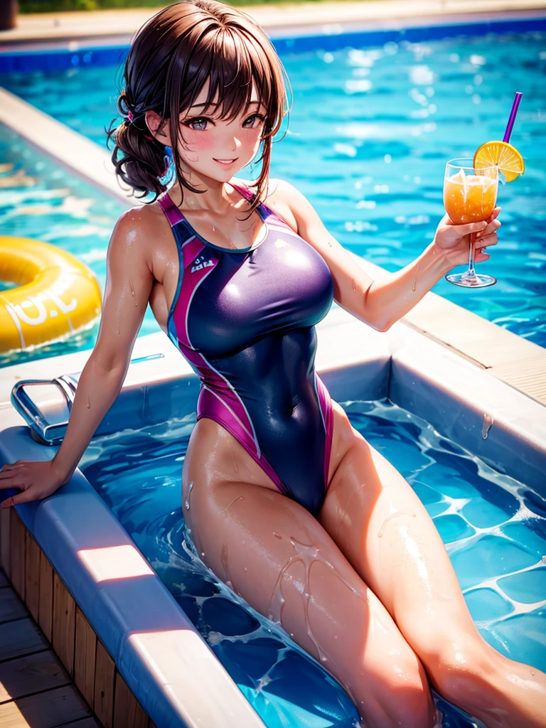 Highest quality,Highest Resolution,４K quality,Smiling woman in swimsuit at competition pool,sunny,Sweating profusely,Drink a drink,
