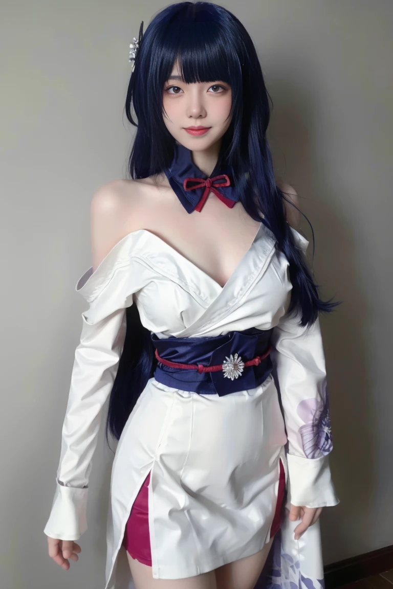 best quality, tmasterpiece,Ultra-high resolution,Clear face,(Reality:1.4),ferpect lighting,(upper body photo), (photorealistic:1.50), anime wallpaper, Guviz style artwork, cover-up fantasy up to magic , by Yang J, Guviz, beautiful artwork illustration, beautiful digital artwork, beautiful digital illustration, Li Song, beautiful anime portrait, art style in Beauvot, 1girl, 独奏, (medium Breasts: 1.2), Smile, Home, long hair, Ponytail hair, purple hair, bangs, White dress, Bare shoulders, (standing), upper body, smile, Inside the house, Glass, purple eyes, hair ornament,