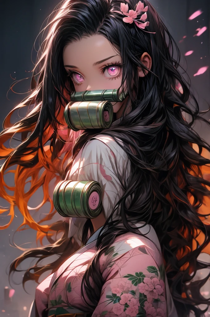nezukokamado, nezuko kamado, bamboo, (bit gag:1.5), black hair, (forehead:1.5), gag, gagged, hair ribbon, long hair, multicolored hair, (pink eyes:1.5), orange hair, slit pupils, wavy hair, two-tone hair, BREAK asa no ha (pattern), checkered sash, haori, japanese clothes, kimono, long sleeves, obi, pink kimono, sash, wariza, wide sleeves, BREAK looking at viewer, BREAK indoors, BREAK (masterpiece:1.2), best quality, high resolution, unity 8k wallpaper, (illustration:0.8), (beautiful detailed eyes:1.6), extremely detailed face, perfect lighting, extremely detailed CG, (perfect hands, perfect anatomy),