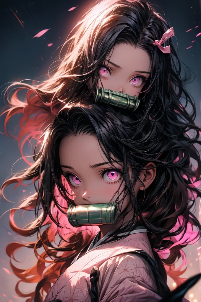 nezukokamado, nezuko kamado, bamboo, (bit gag:1.5), black hair, (forehead:1.5), gag, gagged, hair ribbon, long hair, multicolored hair, (pink eyes:1.5), orange hair, slit pupils, wavy hair, two-tone hair, BREAK asa no ha (pattern), checkered sash, haori, japanese clothes, kimono, long sleeves, obi, pink kimono, sash, wariza, wide sleeves, BREAK looking at viewer, BREAK indoors, BREAK (masterpiece:1.2), best quality, high resolution, unity 8k wallpaper, (illustration:0.8), (beautiful detailed eyes:1.6), extremely detailed face, perfect lighting, extremely detailed CG, (perfect hands, perfect anatomy),