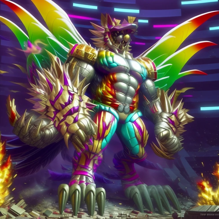 (masterpiece. official art. 8k. best quality. detailed full body. full body.)
(situation 1 : dominating The Phoenix Wolf. The Phoenix Wolf is over 1000 meters long. focus GIANT mechanical Muscular The Phoenix Wolf is trampling the car. Looking down.)
(situation 2 :smoke and flames rising from the destruction in the city)
(Additional details 1: Wearing GOLDEN Armor. Cape. Helmet. real texture material. whole body shines like metal. emphasizes the muscles. suit fully made of metal.Robotic suit).
(Additional details 1.5: The arms are golden. The lower half of the body is golden. The wolf-shaped helmet has sharp fangs. The whole body is golden.).
(Additional details 2: Detailed head. Detailed Body. Detailed abs. gigantic muscles. HYPER MUSCLES. Gigachad Muscular. big muscle. pecs. triceps. traps. unusually developed muscular body. body full of huge muscles. showing off muscles. pectorales enormes. Exaggeratedly huge muscles. huge muscles. long legs.).
(Additional details 3: nj5furry, Spread wings. It has wings. The claws are sharp. Sharp teeth.). He is laughing defiantly. The claws are sharp. Sharp teeth.). He is laughing defiantly.