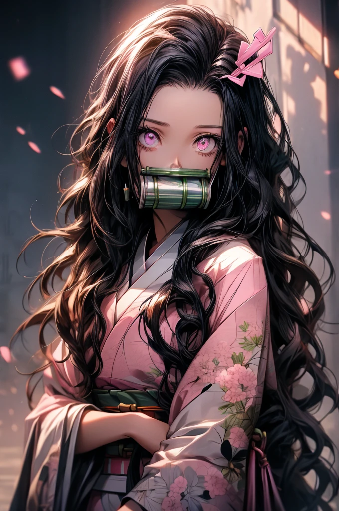 nezukokamado, nezuko kamado, bamboo, (bit gag:1.5), black hair, (forehead:1.5), gag, gagged, hair ribbon, long hair, multicolored hair, (pink eyes:1.5), orange hair, slit pupils, wavy hair, two-tone hair, BREAK asa no ha (pattern), checkered sash, haori, japanese clothes, kimono, long sleeves, obi, pink kimono, sash, wariza, wide sleeves, BREAK looking at viewer, BREAK indoors, BREAK (masterpiece:1.2), best quality, high resolution, unity 8k wallpaper, (illustration:0.8), (beautiful detailed eyes:1.6), extremely detailed face, perfect lighting, extremely detailed CG, (perfect hands, perfect anatomy),