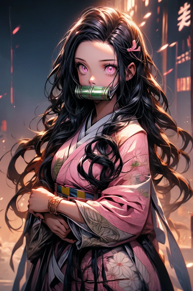 nezukokamado, nezuko kamado, bamboo, (bit gag:1.5), black hair, (forehead:1.5), gag, gagged, hair ribbon, long hair, multicolored hair, (pink eyes:1.5), orange hair, slit pupils, wavy hair, two-tone hair, BREAK asa no ha (pattern), checkered sash, haori, japanese clothes, kimono, long sleeves, obi, pink kimono, sash, wariza, wide sleeves, BREAK looking at viewer, BREAK indoors, BREAK (masterpiece:1.2), best quality, high resolution, unity 8k wallpaper, (illustration:0.8), (beautiful detailed eyes:1.6), extremely detailed face, perfect lighting, extremely detailed CG, (perfect hands, perfect ???????),