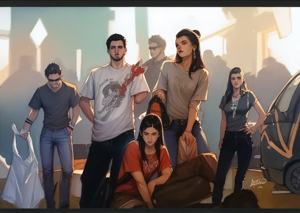 score_9, score_8_up, score_8, rating_safe, traditional art, 1girl, adamhughesstyle, minkostyle, realistic, black hair, loose untucked t-shirt, jeans pants, earrings, detailed