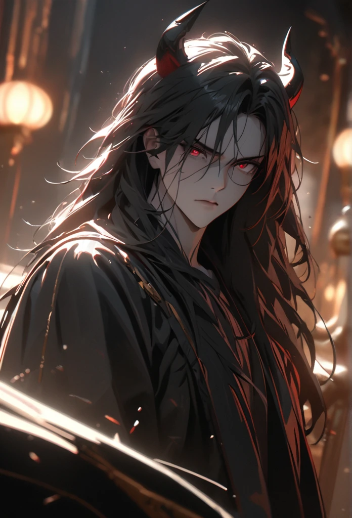 (solo), masculine, black hair, messy hair, mane hair, long hair, dense hair, wild hair, expressive hair, mature,(25 year old), pale skin, red eyes, ((man)), wearing a black robe, black demon horns,, serious, handsome, attractive, eye reflection, depth of field, thunder aura,cinematic lighting, ray tracing, depth of field, cinematic lighting, ray tracing, UHD, high details, best quality, highres, high quality, award winning, super detail, masterpiece, 8k, UHD, high details, best quality, highres, high quality, award winning, super detail, masterpiece, 8k, digital art, anime coloring, full body, body shot, good face, perfect face, detailed face, good eyes, sitting on a throne