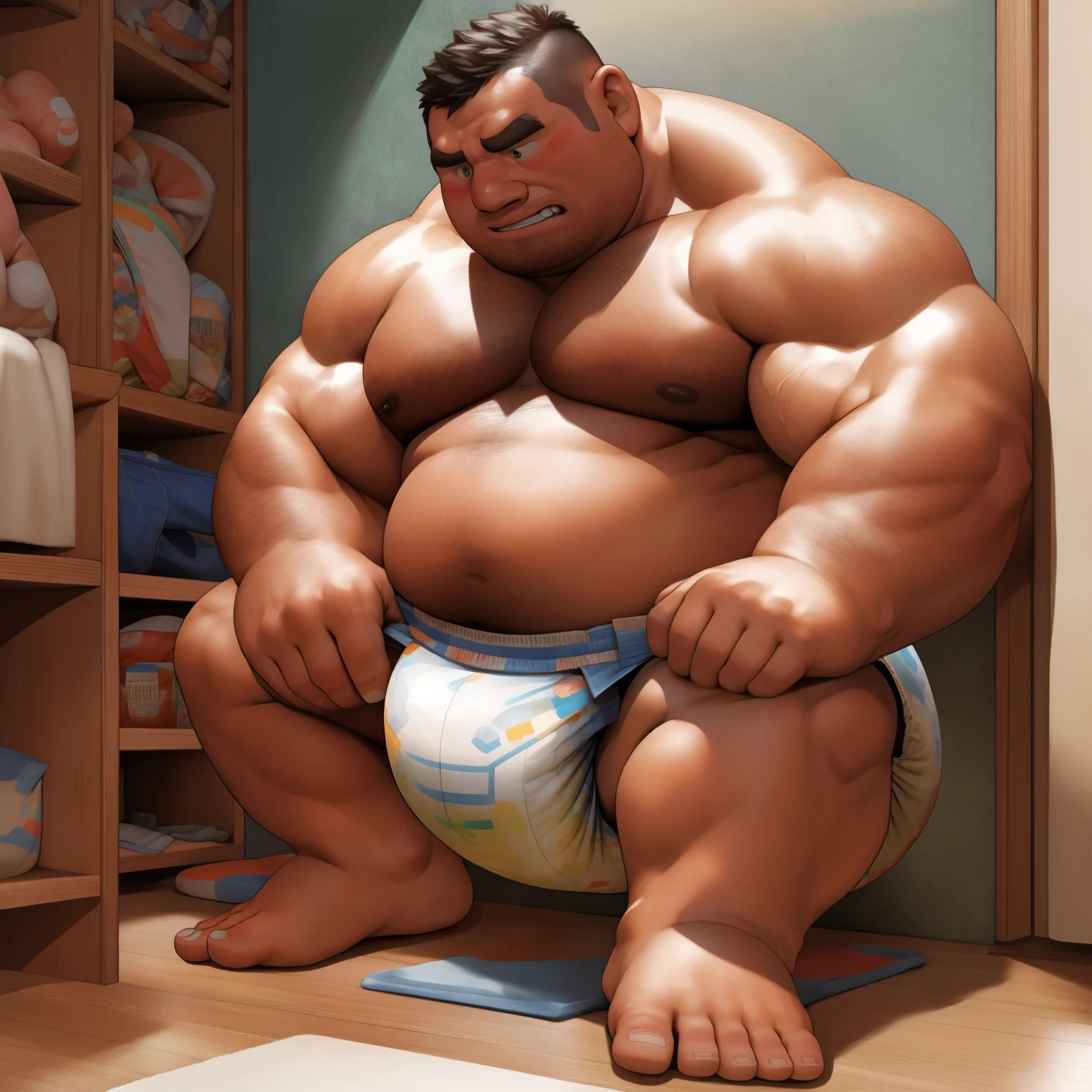 masterpiece, Top quality, in 32K, perfect anatomy, hyper detailed, super fine illustration, The thick man is a brutal prisoner, , hairy, human, 50yo in japan, (fatness: 1.0), Fatty muscle, Bowleg, disappointment, incontinent, be diaper check by childrenre is a small puddle under him, Naked, short  Bowleg, spread legs, wear th Diaper, Bare belly, Bare legs, Bare foots, Bare soles, Shirtless, wide forehead and short thinning hair, Man with round  face with stubble, Bare foots, Bare soles, shy, sissy, Weaker than children, , Round face, He ennursery school and is despised by children, He is made to stand attentionhe corner of the playroom, corner time, He surrounded by children, Bare foots, big butt, White Diaperbing, There is a small pudunder him