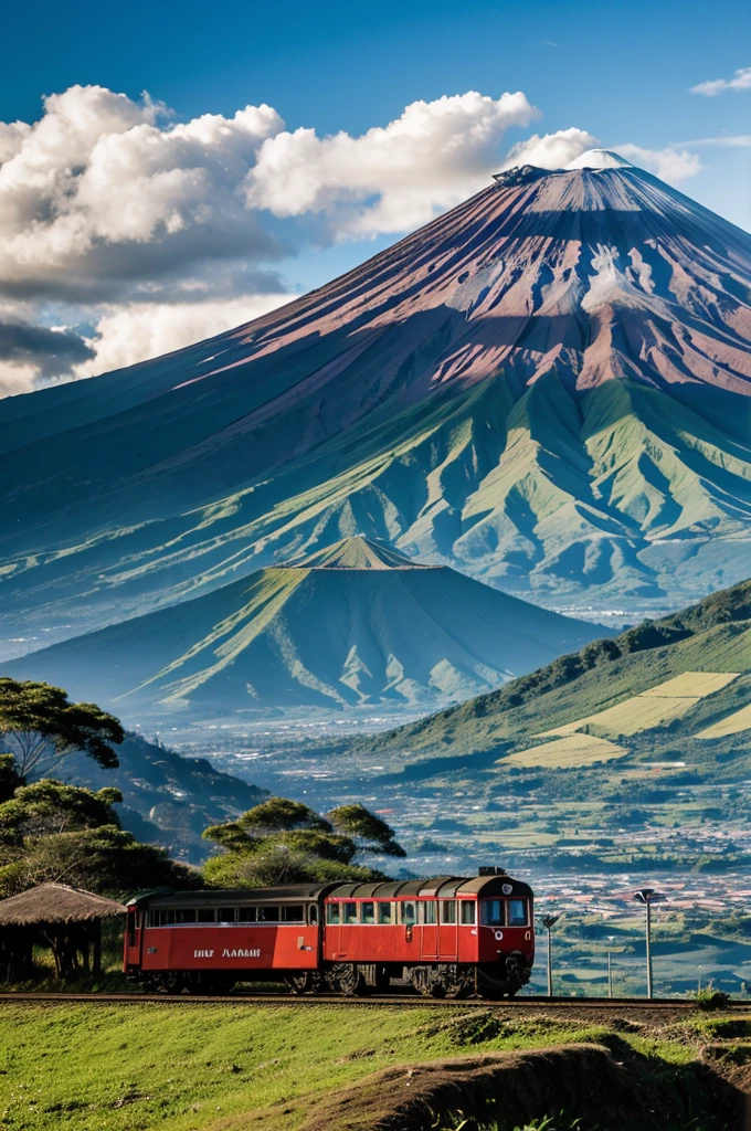 A logo of the Imbabura volcano and the train station next to something related to the art of hillside carving