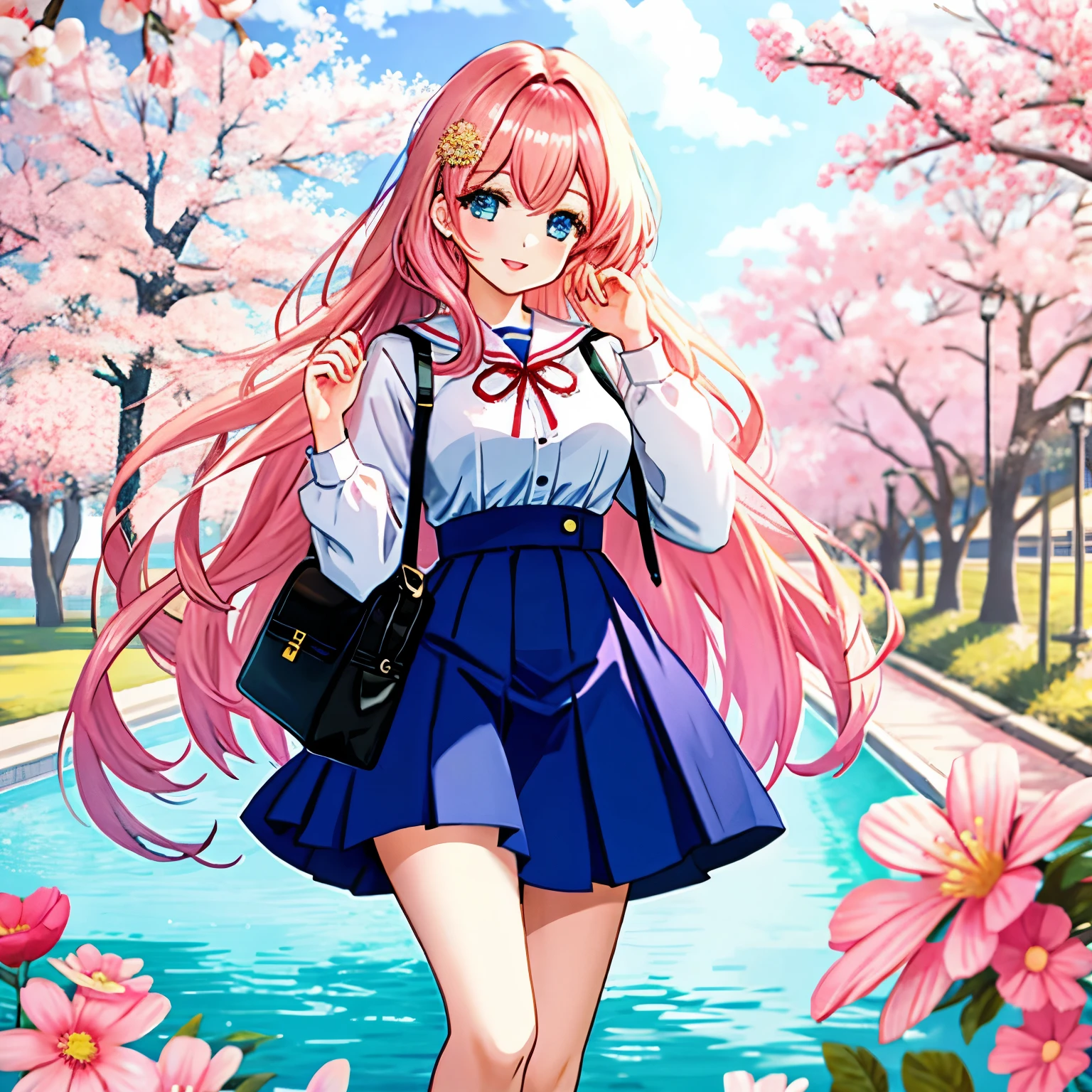 **Illustration Enhancement**: masterpiece, best quality, ultra-detailed, super high resolution, Top Quality photorealistic Illustration, Super Definition, cute illustration:1.3, high Saturation:1.2, detailed beautiful face and eyes, an extremely delicate and beautiful, nice hands, perfect hands, appropriate posture, appropriate configuration, ideal ratio body proportions (all fixed) BREAK
**Theme**: Peace and tranquility, improvement of living standards, blessings and protection for prosperity BREAK
**Number of Characters**: One (ultra-ultimate beautiful) BREAK
**Facial Details**: Bright expression, large sparkling eyes, smiling BREAK
**Movement Details**: Good morning pose (raising one hand in greeting) BREAK
**Emotions**: Looks happy, full of hope, someone who loves and blesses and protects me BREAK
**Perspective**: Frontal angle BREAK
**Composition**: High school girl positioned in the center BREAK
**Background Details**: In front of the school gate, cherry trees in full bloom BREAK
**Costume Details**: Sailor uniform with a red ribbon, and a blue skirt that is above the knee by 10cm, reflecting a typical Japanese high school girl's attire, which aligns with the theme of youth and school life in a peaceful setting. BREAK
**Body Type**: Cleavage, waist, female curves (fixed) BREAK
**Hairstyle and Color**: Long hair, black BREAK
**Accessories**: School bag BREAK
**Light and Shadow**: Bright scene with morning sun shining through BREAK
**Colors**: Gold, blue, green, light blue, yellow, silver, deep red, pink, wine red, dark brown, light purple BREAK
**Illustration Size**: 768x768 BREAK
**Illustration Atmosphere**: Anime style BREAK
**Worldview**: Fusion of anime and manga BREAK
**Styles**: Anime goddess, enchanting anime girl, beautiful and attractive anime woman, fine details, Girls' Frontline, top-rated on pixiv, from Girls' Frontline, Kuschel Krentz key art feminine, Azur Lane style, anime Barbie with white stockings, from Azur Lane video game BREAK
**Power Word