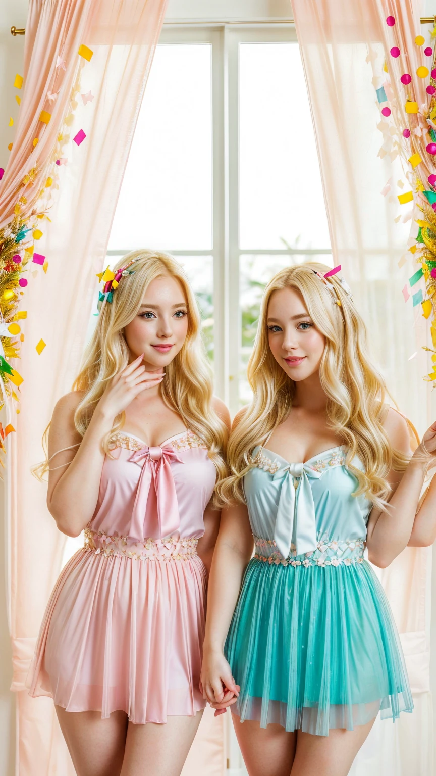 Two blonde curvy girls(very busty, very pale skin(porcelain skin), Long platinum-blonde-hair(styled combed-back, with a large-roibbon bow)), Dressed in a sultry demonic-inspired (pastel blue/pastel pink) outfit(semi-transparent and features soft, flowing fabric that adds to her gentle and innocent appearance). They are depicted making a classic "kawaii" pose with their hands(One hand is placed under her chin in a V shape, and the other hand is raised slightly)-their fingers near her face. Standing with one leg slightly bent and the other straight. their ankles are turned outward and her toes are pointed downward. sunnylight through sheer curtains framed the photography, they are surrounded by lush plants. ((Add confetti(in vibrant colors)to create a celebratory and festive atmosphere.)) . Vibrant, light-orange and bright-pink (neon colors), orange and pink ambient theme.
