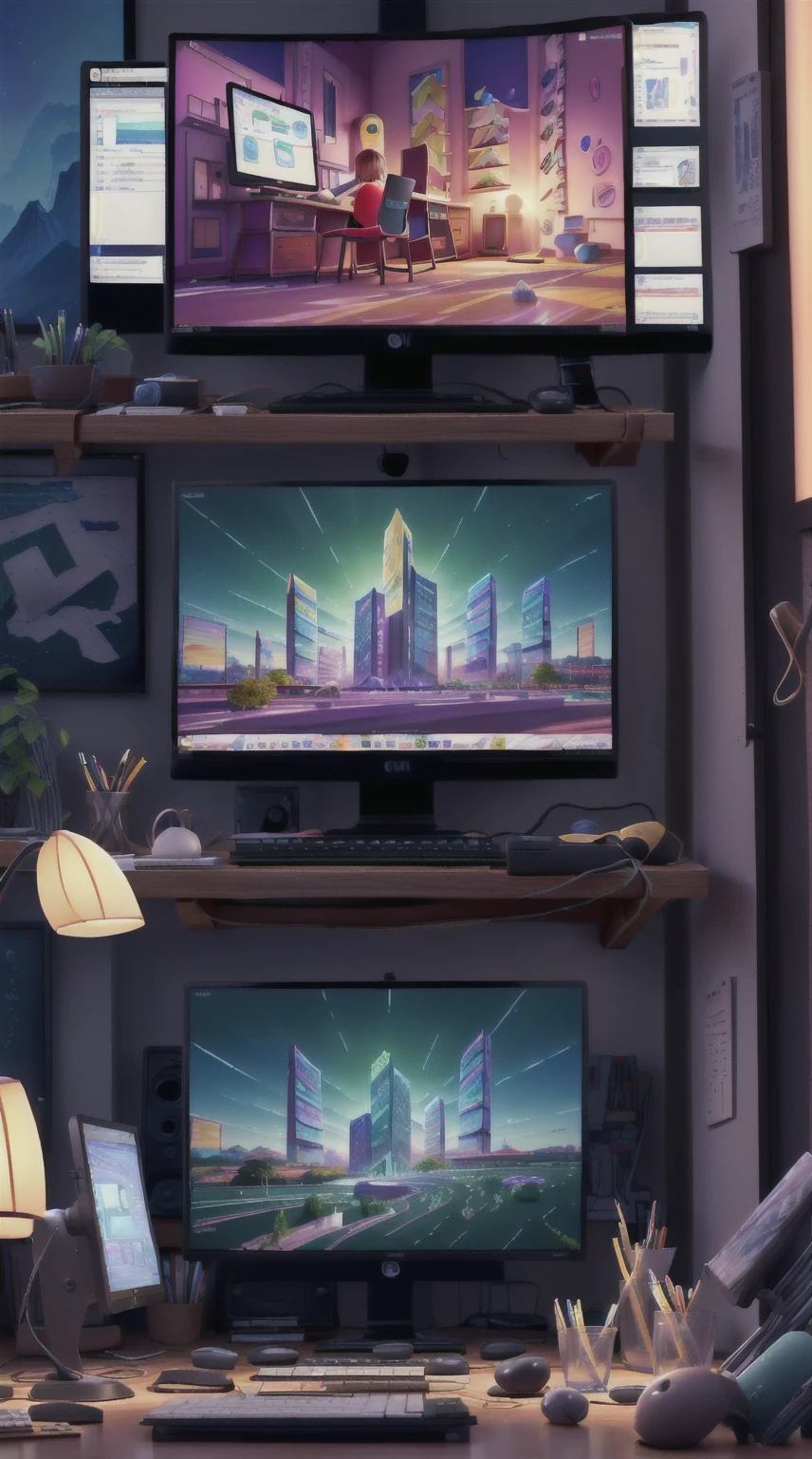 there are many computers on a table, catia, hunting, Gainax, crt screens in background, sitting at a control center, studio Gainax, computer painting, Gainax anime style, a computer rendering, computer screen image, Digital Art Station, center view, studio Gainax art, studio Gainax illustration