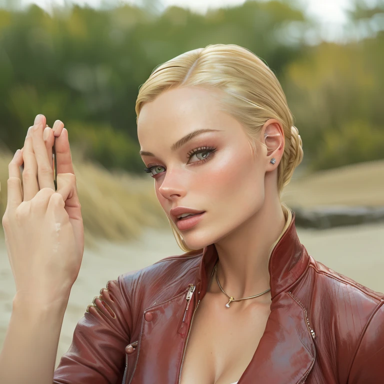 Blonde woman wearing a red leather jacket holding her hand up., Kristanna Loken, Pretty Margot Robbie Vampire, Olya Bossak, Margot Robbie, Margot Robbie in gta v, solemn gesture, Margot Robbie as princess leia, Margot Robbie on the beach, portrait of Margot Robbie, Alexey Egorov, Margot Robbie portrait, by Eve Ryder short hair 