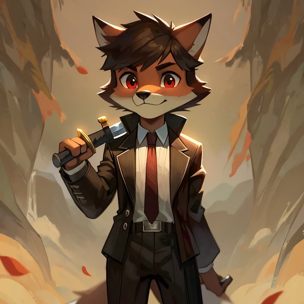 +_+, (An 11-year-old culpeo fox with a sword on his hand), white belly, black suit, short brown hair, long brown red tie, beige jacket, two fingers in front of his face, Werther&#39;s Original, sitting in the chair, bright eyes, morinaga, crying, by kenket, by itihi3 itihi(Ichihi), (by Zeeta96829, by silverfox5213:0.8)