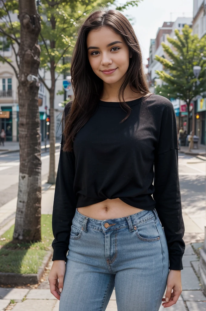 A photorealistic portrait of a 21-year-old Colombian girl with long, flowing dark hair and striking dark eyes. She should have a cheerful, relaxed expression, illuminated by the bright daylight. The background should depict a casual outdoor setting, like a park or a street lined with cafes. Lana is wearing a stylish, casual daytime outfit with jeans and a cute top. She is standing on the sidewalk, smiling at the camera, enjoying the sunny day. Capture this image with a high-resolution photograph using an 85mm lens for a flattering perspective.