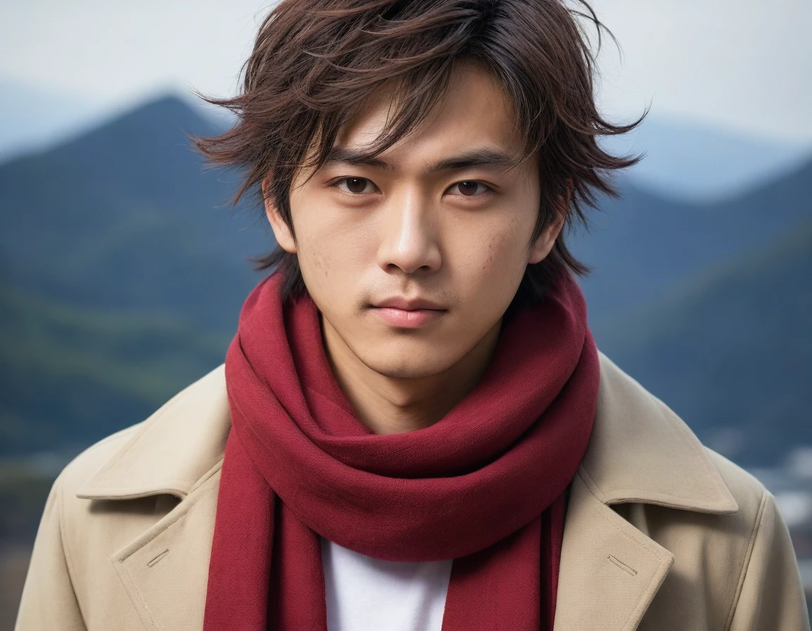 1man, perfect face, Young Japanese man wearing a red scarf and a somewhat old and worn brown jacket, best quality ,masterpiece, illustration, extremely detailed ,CG ,unity ,8k wallpaper, Amazing, finely detail, masterpiece,best quality,official art,extremely detailed CG unity 8k wallpaper,absurdres, incredibly absurdres, huge filesize, ultra-detailed, highres, extremely detailed, messy hair, japanese boy, japan young man, completely white t-shirt, battered red scarf, ryoma nagare, cream coat,18yo, 18 years old, age 18,