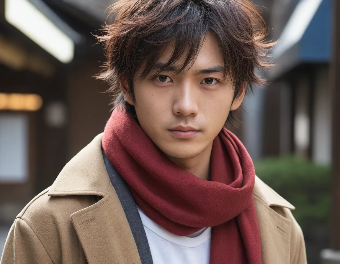 1man, perfect face, Young Japanese man wearing a red scarf and a somewhat old and worn brown jacket, best quality ,masterpiece, illustration, extremely detailed ,CG ,unity ,8k wallpaper, Amazing, finely detail, masterpiece,best quality,official art,extremely detailed CG unity 8k wallpaper,absurdres, incredibly absurdres, huge filesize, ultra-detailed, highres, extremely detailed, messy hair, japanese boy, japan young man, completely white t-shirt, battered red scarf, ryoma nagare, cream coat,18yo, 18 years old, age 18,