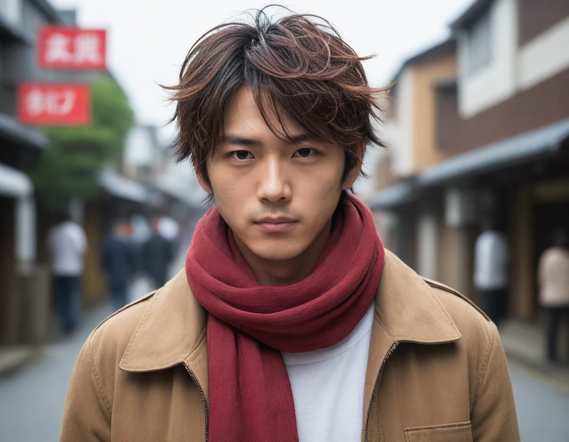 1man, perfect face, Young Japanese man wearing a red scarf and a somewhat old and worn brown jacket, best quality ,masterpiece, illustration, extremely detailed ,CG ,unity ,8k wallpaper, Amazing, finely detail, masterpiece,best quality,official art,extremely detailed CG unity 8k wallpaper,absurdres, incredibly absurdres, huge filesize, ultra-detailed, highres, extremely detailed, messy hair, japanese boy, japan young man, completely white t-shirt, battered red scarf, ryoma nagare, cream coat,18yo, 18 years old, age 18,